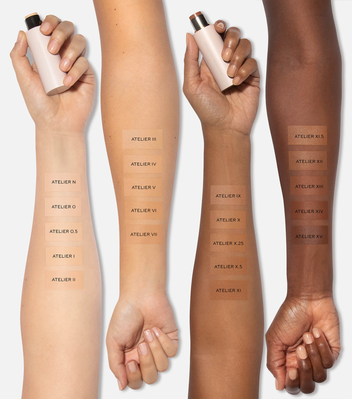 Four arms with different skin tones holding a cosmetic product, showing color swatches.