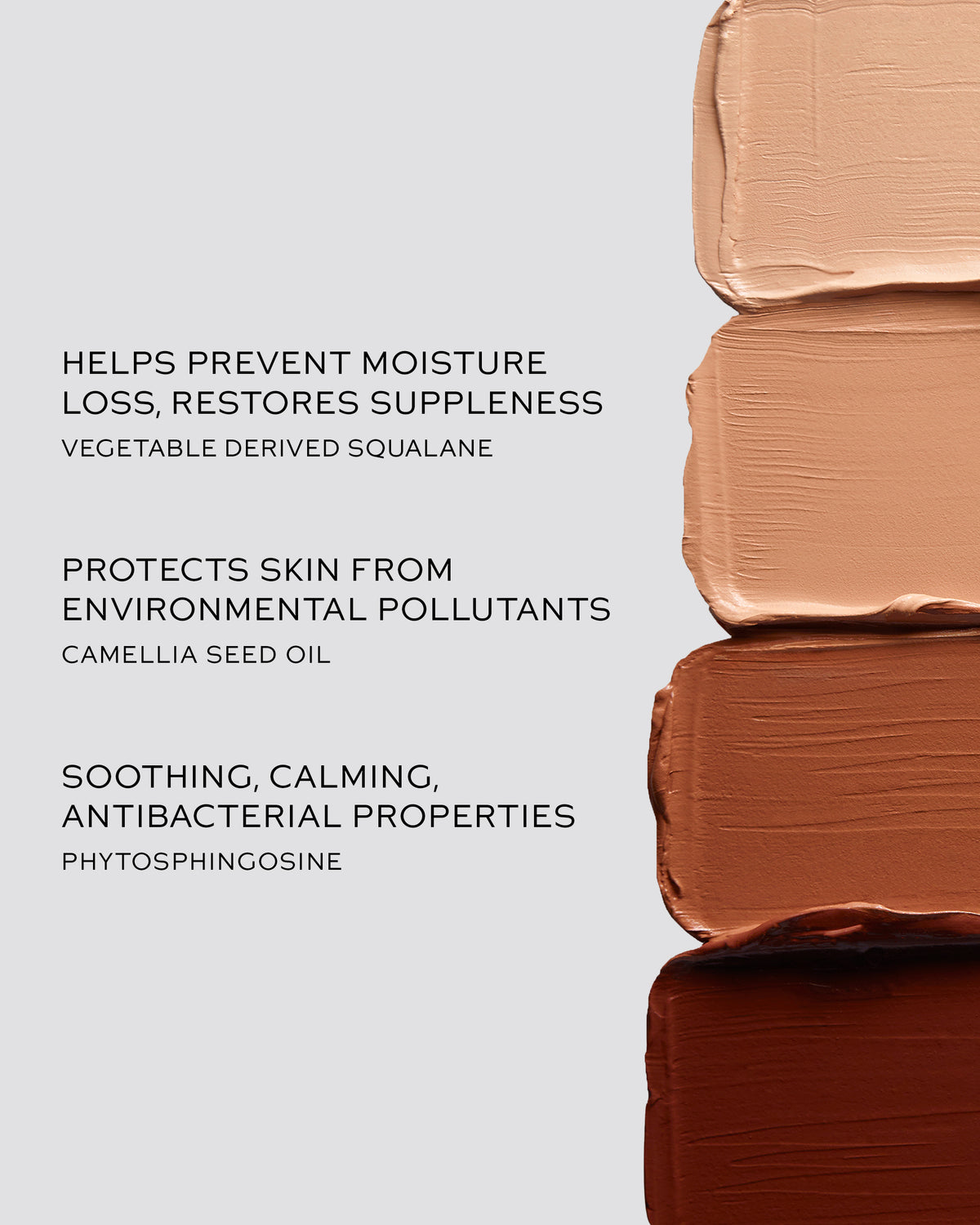 Cosmetic product swatches with text on a light gray background