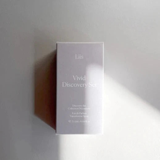 A boxed perfume set labeled 'Liis | Eau de Parfum - Vivid Discovery Set' displayed against a light background.