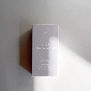 A boxed perfume set labeled 'Liis | Eau de Parfum - Vivid Discovery Set' displayed against a light background.