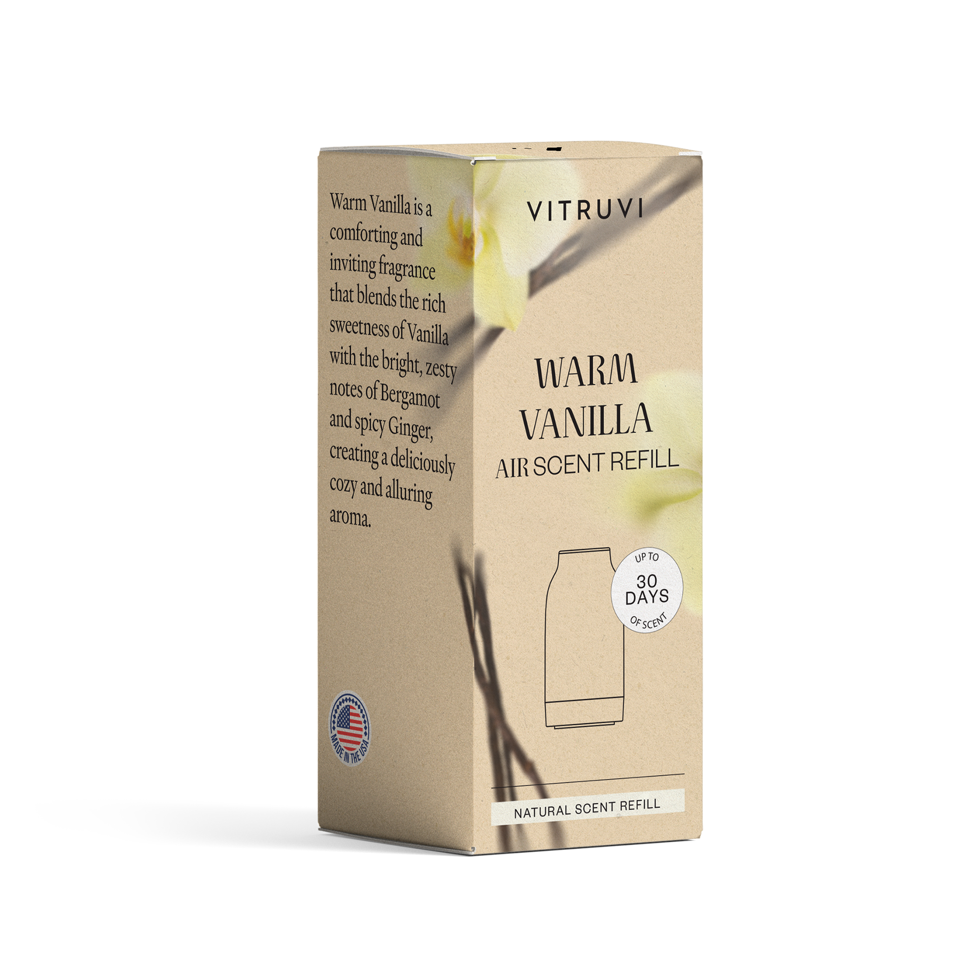 Vitruvi Warm Vanilla air scent refill box on a white background