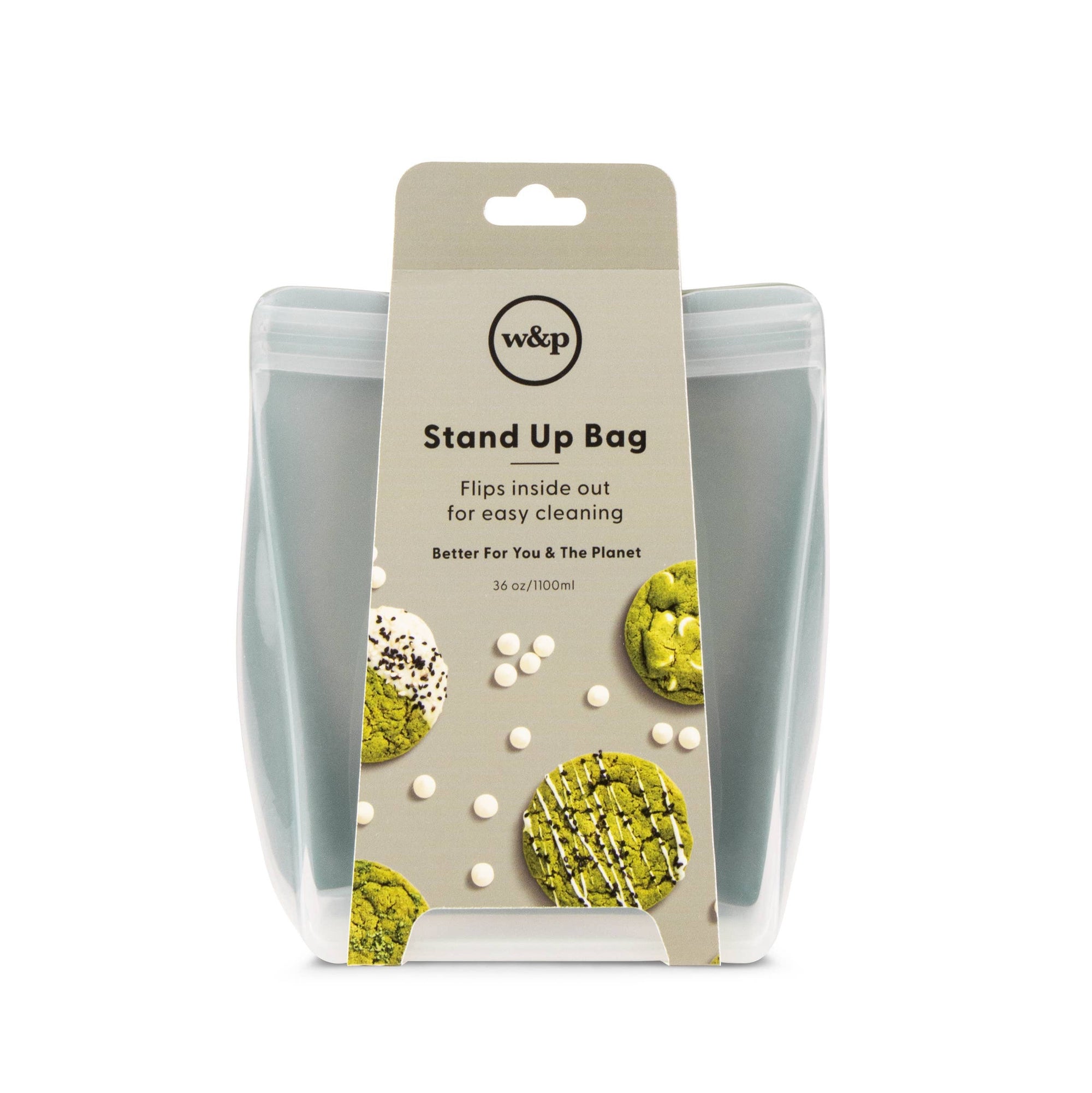 A reusable stand up bag on a white background. 