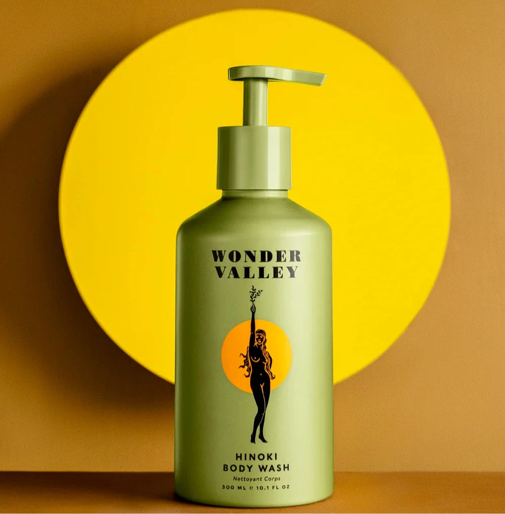 A bottle of the hinoki body wash, made by Wonder Valley in California