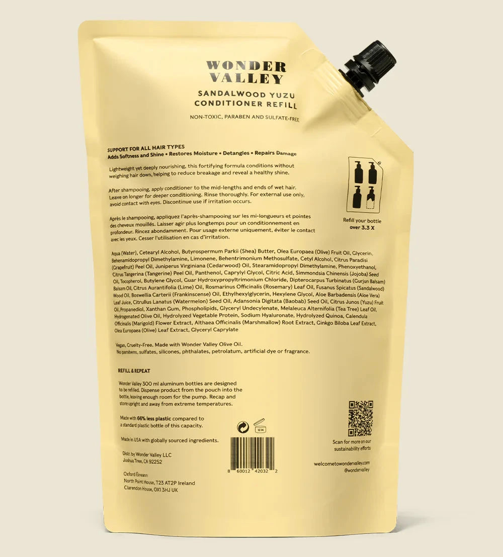 A refill bag of the Sandalwood Yuzu hair conditioner, made by Wonder Valley in California