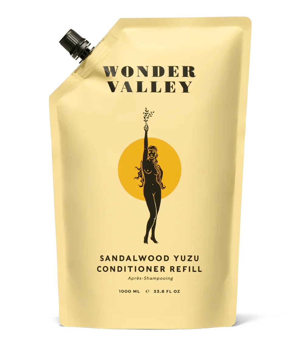 A refill bag of the Sandalwood Yuzu hair conditioner, made by Wonder Valley in California