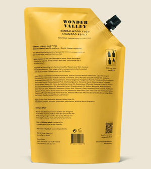 A refill bag of the Sandalwood Yuzu hair shampoo, made by Wonder Valley in California