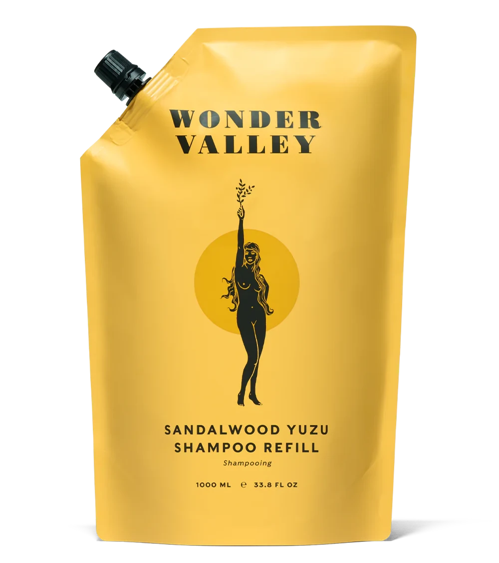 A refill bag of the Sandalwood Yuzu hair shampoo, made by Wonder Valley in California