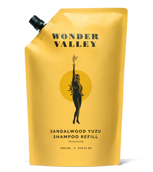 A refill bag of the Sandalwood Yuzu hair shampoo, made by Wonder Valley in California