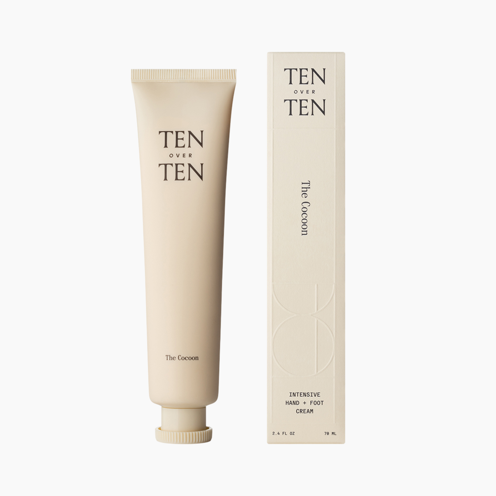 Skincare product with 'TEN OVER TEN' branding on a white background