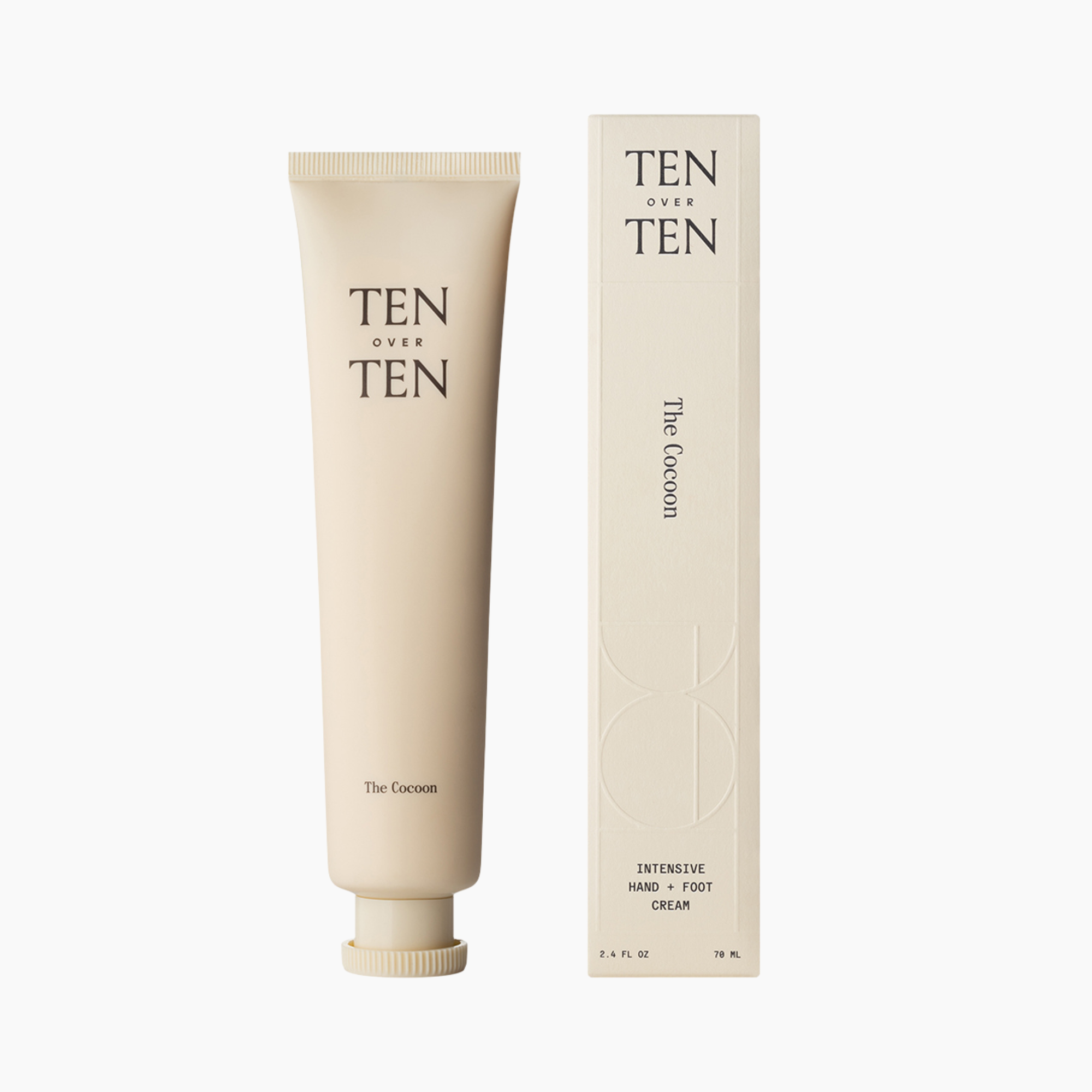 Skincare product with 'TEN OVER TEN' branding on a white background