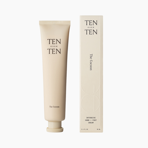TEN OVER TEN hand cream tube and packaging on a white background