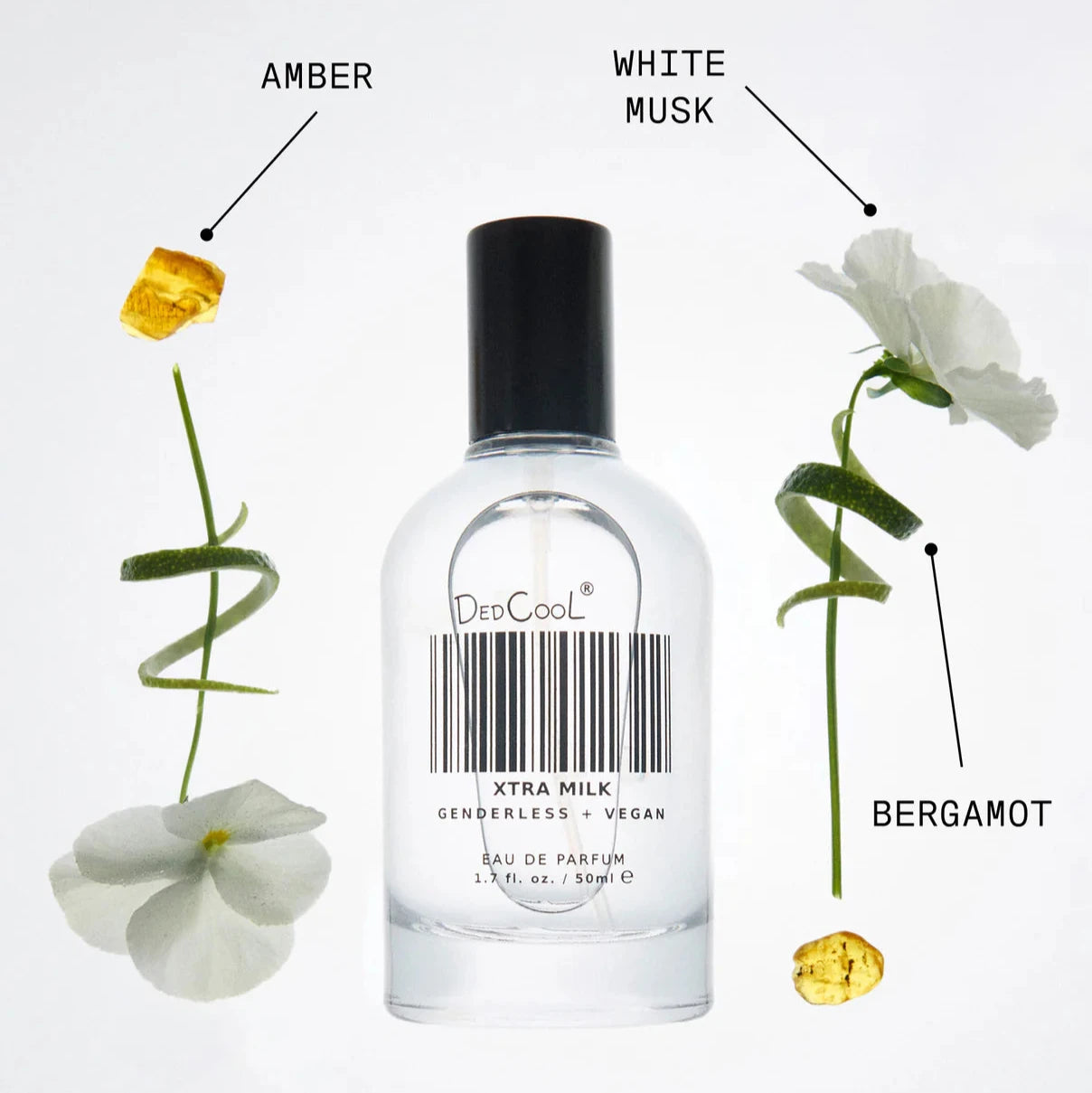 A bottle of xtra milk, with amber, bergamot, and white musk