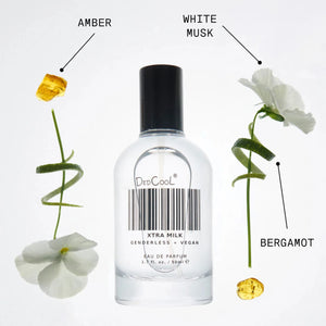 A bottle of xtra milk, with amber, bergamot, and white musk